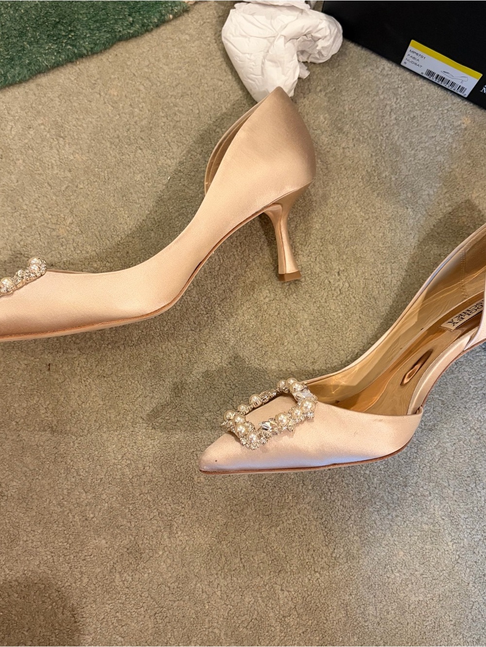 Badgley Mischka Blush Nude Satin Pointed Toe Pumps with Crystal Buckle - Picture 3 of 7